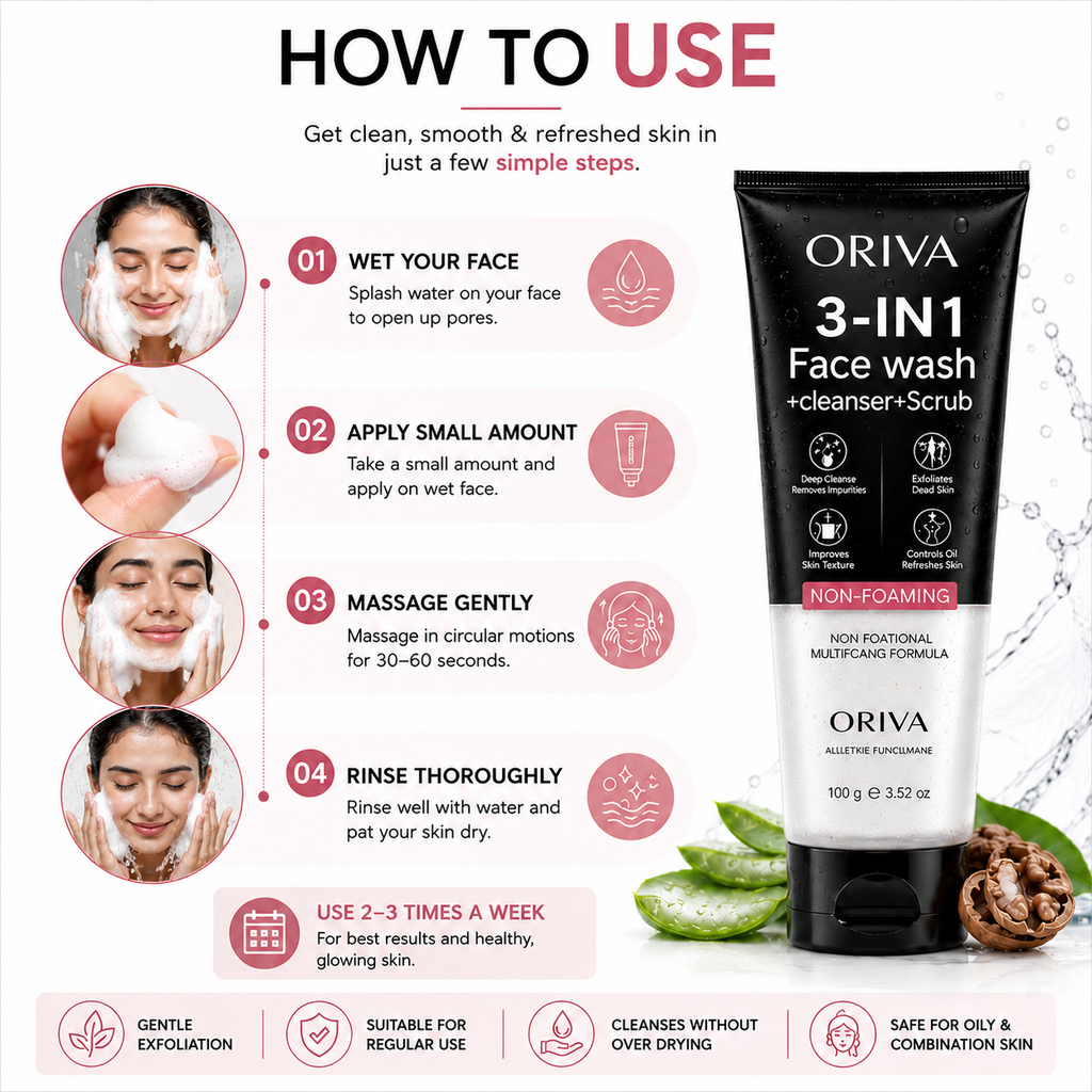 ORIVA 3 in 1 Face Wash, Cleanser & Scrub - Non-Foaming Formula, 100g